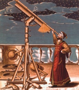 An astronomer observes the sky in an engraving by Johannes Hevelius (1611-87). AKG Images.