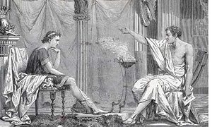 Illustration of Aristotle teaching a young Alexander the Great