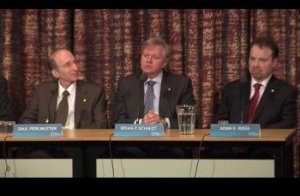Saul Perlmutter (left), Brian Schmidt (center) and Adam Riess (right) at a news conference on Dec. 7, 2011 at the Royal Swedish Academy of Sciences in Stockholm. Perlmutter, Schmidt and Riess won the 2011 Nobel Prize in physics for their discovery of the accelerating universe.
