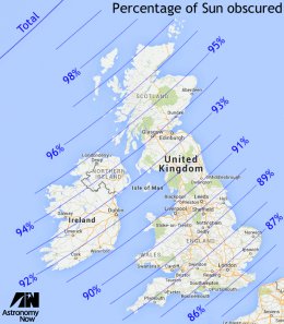 This animation loops every five seconds and shows the percentage of the Sun’s disc obscured at the maximum of the March 20th eclipse superimposed on the isochrones for the times at which they occur (all times in GMT). AN computation and graphics by Ade Ashford/UK map courtesy Google
