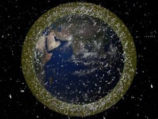 This computer illustration depicts the density of space junk around Earth in low-Earth orbit.