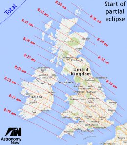 This illustration shows the isochrones for the times at which the partial eclipse will begin and the first 'bite' will be seen taken out of the right-hand limb of the Sun as the Moon advances across the Sun (all times in GMT). AN graphics by Ade Ashford/UK map courtesy Google